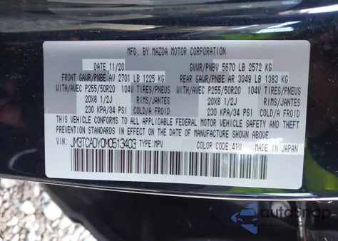 2021 Mazda Cx-9 Grand Touring from USA, damaged, VIN JM3TCADY0M0513403